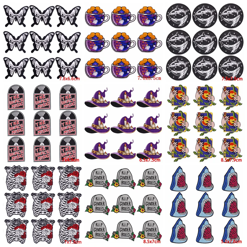 10 unids/lote de parches para planchar con calavera de Hip Hop para ropa, parche Punk para ropa, parches bordados termoadhesivos, insignias para ropa