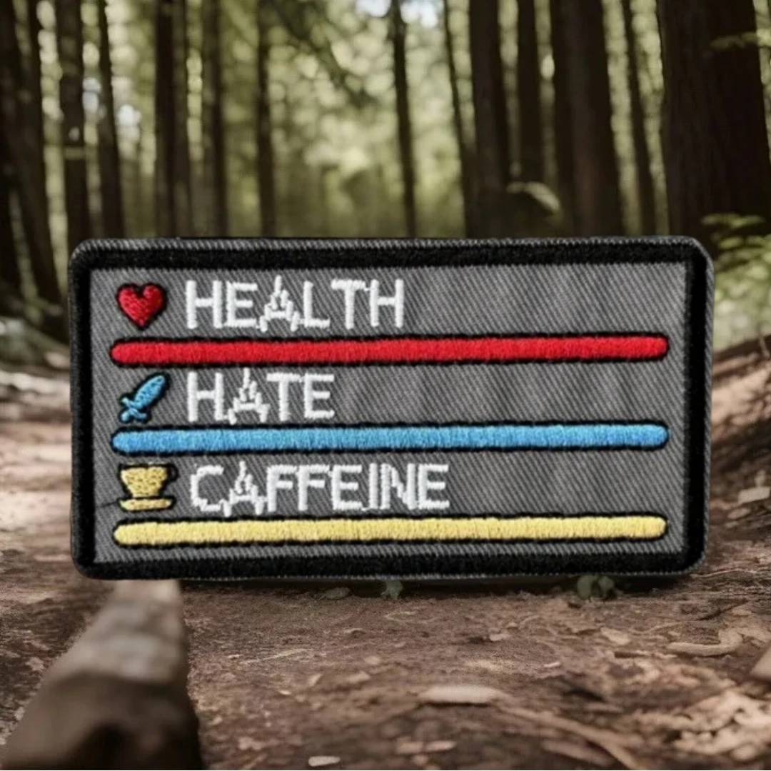 Insignia de moral táctica de salud, ódio, cafeína, brazalete del ejército militar, parches de bucle de gancho bordados, pegatina para mochila para ropa - imagen 4