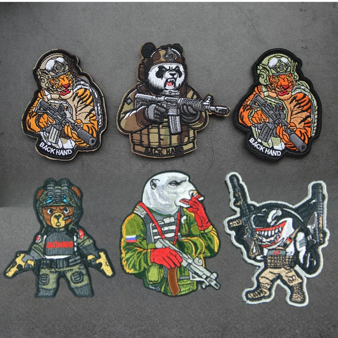Insignia táctica de Panda, oso, tiburón, Animal, moral, Chevron ruso, parche bordado de gancho y bucle, brazalete militar, pegatinas de mochila