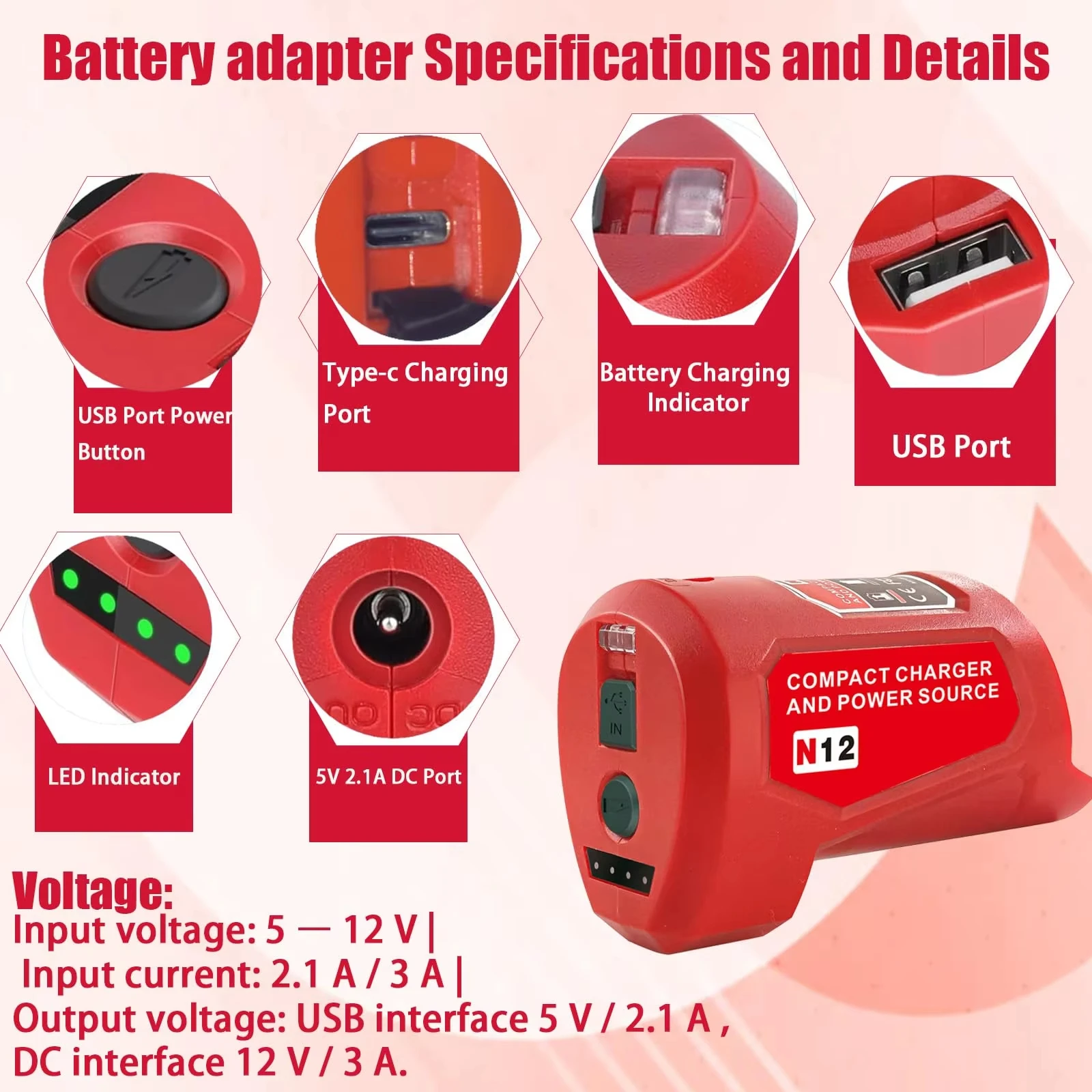 Cargador adaptador USB para herramientas eléctricas de iones de litio Milwaukee 12V 10,8 V batería M12 banco de energía para cargar el teléfono móvil y la chaqueta caliente - imagen 4