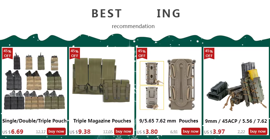 Bolsas tácticas MOLLE triple en distintos ángulos