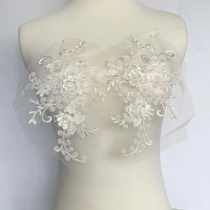 1 par/21*14CM apliques de flores 3d parches para coser, parches de costura bordados de encaje blanco decoración DIY para ropa, vestidos - imagen 2