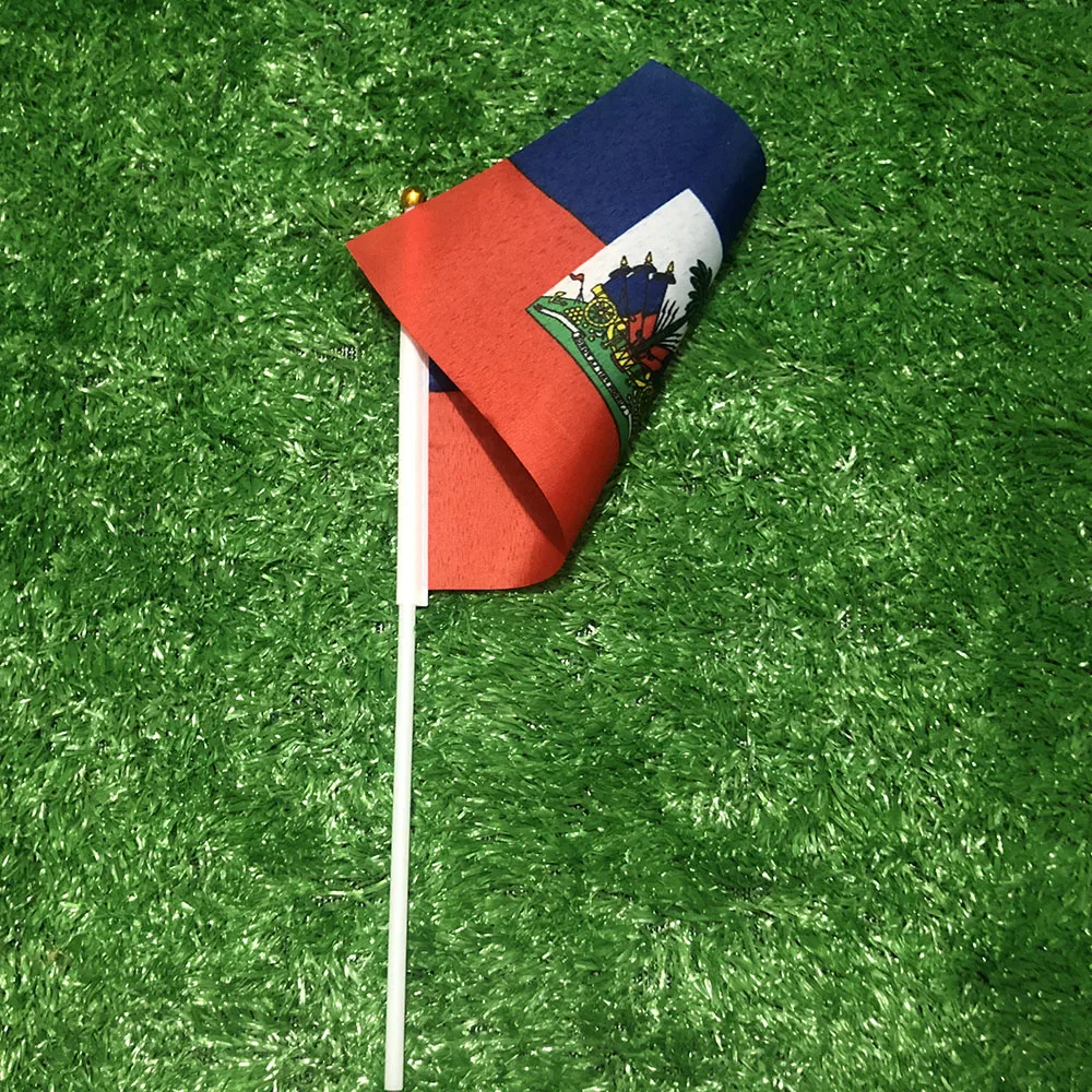 SKY FLAG Bandera de mano de Haití 14x21cm 10/20/50/100 Uds poliéster penetración de doble cara HT Bandera ondulada de mano de Haití con poste de plástico - imagen 5