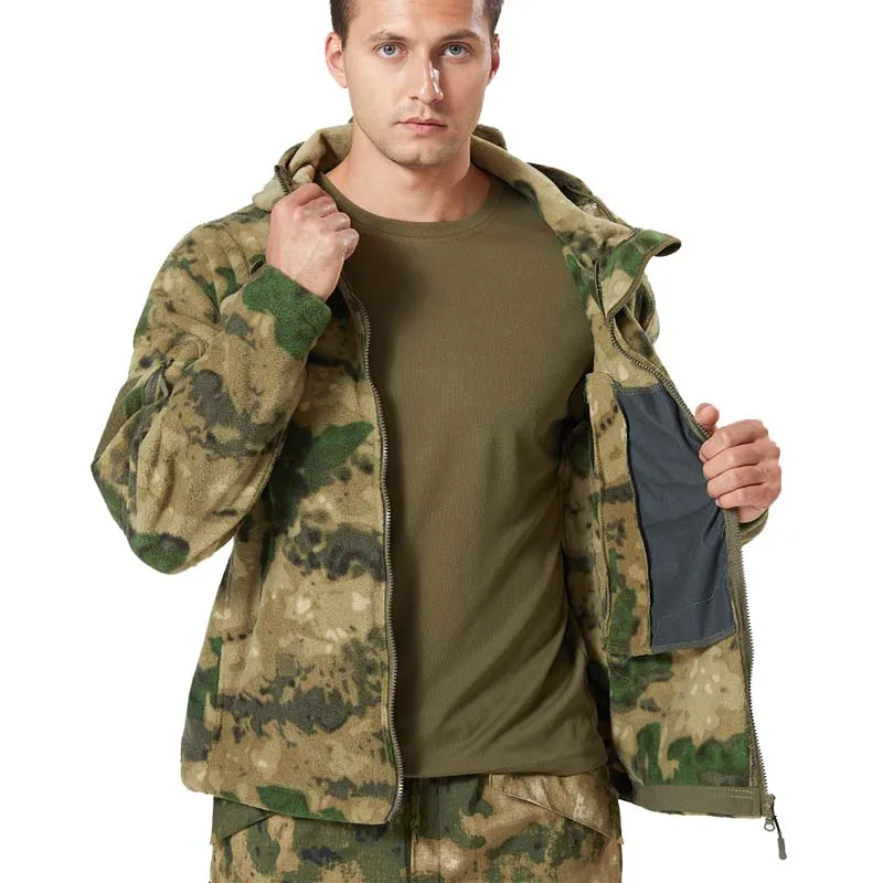 Chaquetas tácticas cálidas de lana para hombre, chaqueta de camuflaje CP, cortavientos, ropa de trabajo al aire libre, abrigo con capucha para senderismo, prendas de vestir con cremallera