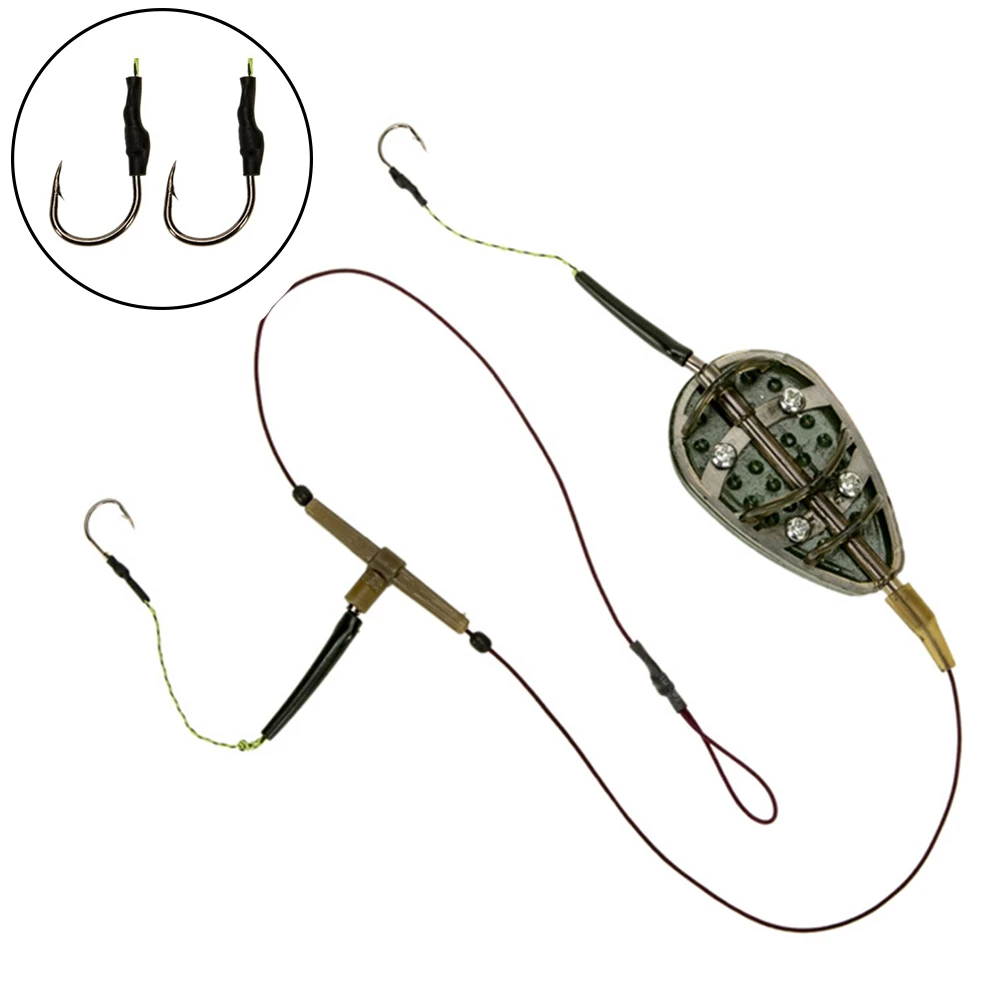Aparejo de pesca de carpa, alimentador de doble gancho, anzuelo de sedal con jaula de cebo de plomo, aparejo inferior de carpa que se hunde, aparejos de pesca antienredos