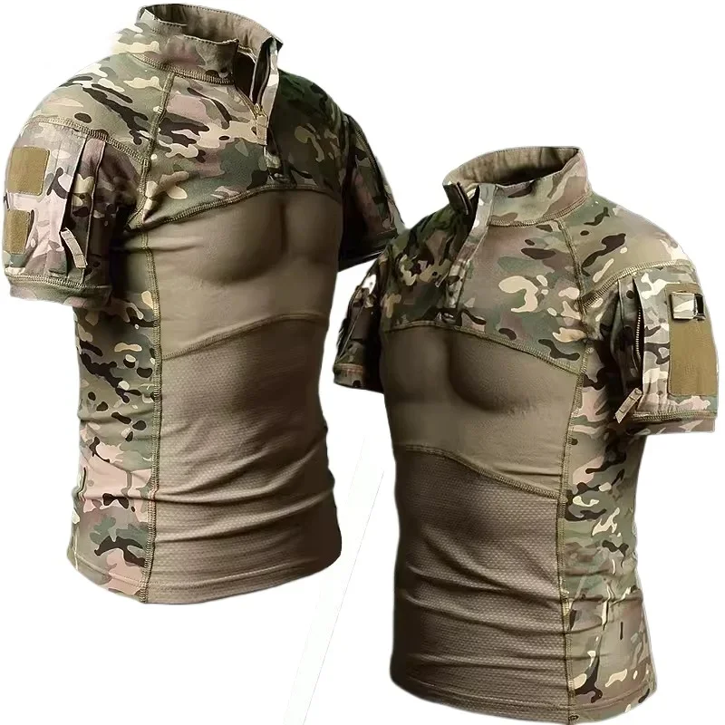 Camiseta táctica para hombre, camisetas de camuflaje para senderismo y caza, camisetas de combate Airsoft Paintball, ropa de trabajo elástica tejida con cremallera 1/4, camisetas de entrenamiento