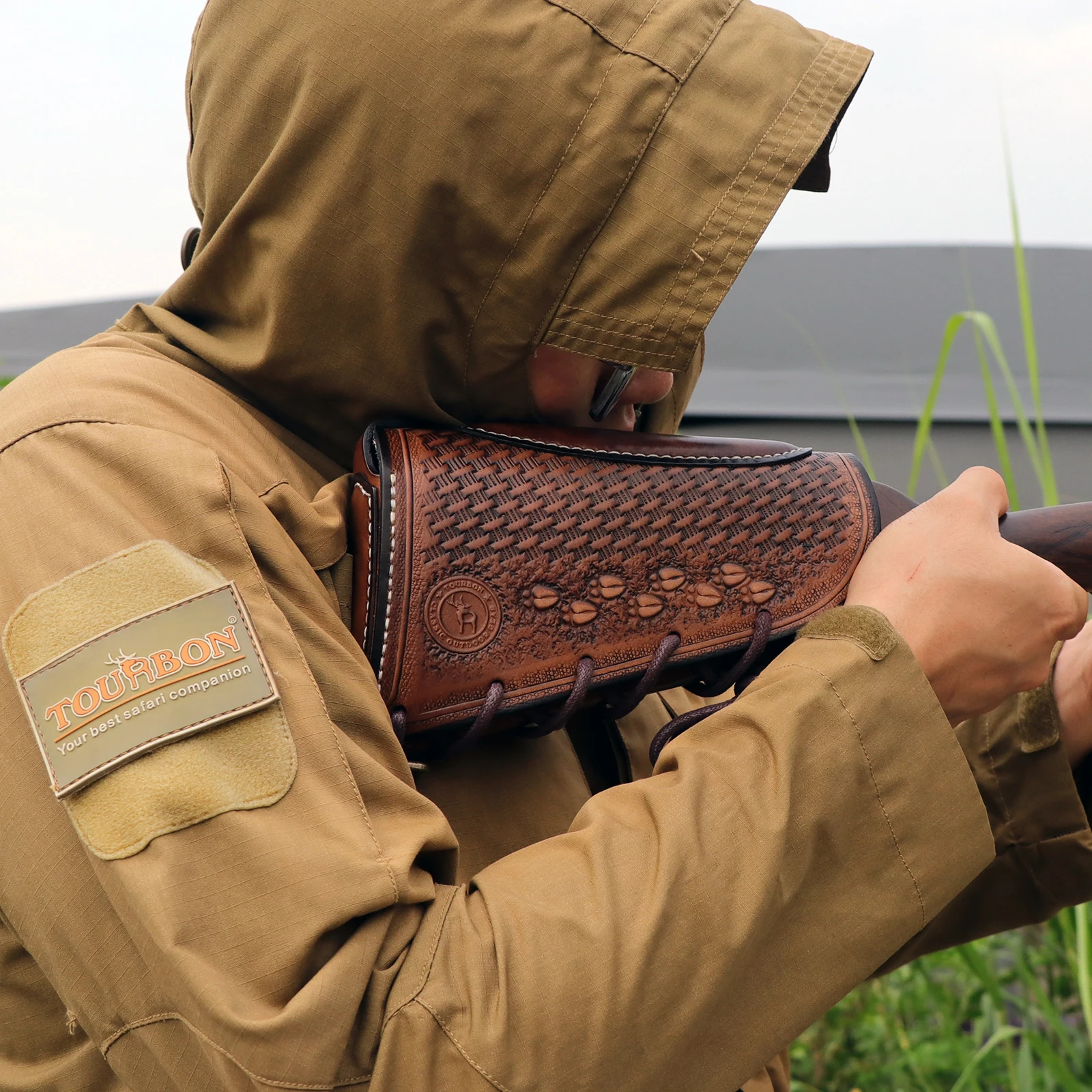 Tourbon-paleta de cuero para pistola, elevador para reposa mejillas con almohadilla de neopreno extraíble, cierre de cuerda, accesorios de caza marrones ajustables - imagen 3
