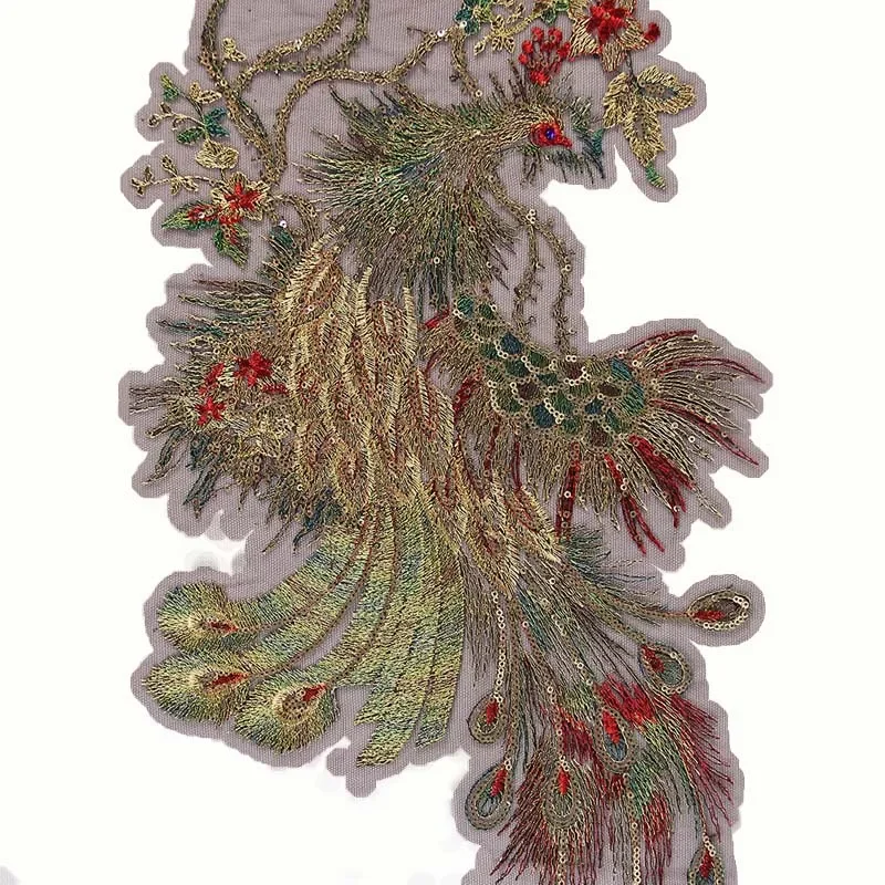 Apliques de tela de encaje de flores de lentejuelas 3d, parches para coser, pegatinas de ropa bordadas de pavo real, suministros de costura DIY para vestido, 53x28CM - imagen 3