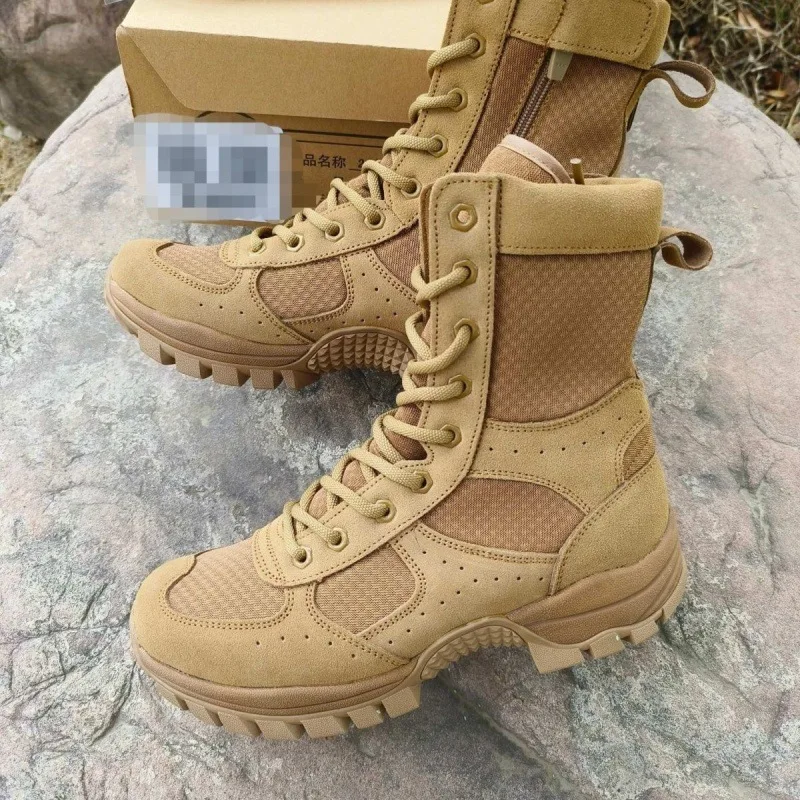 Novedad de verano, botas de combate de cuero marrón con cremallera de malla transpirable para escalada al aire libre, zapatillas de entrenamiento de seguridad ultraligeras - imagen 3