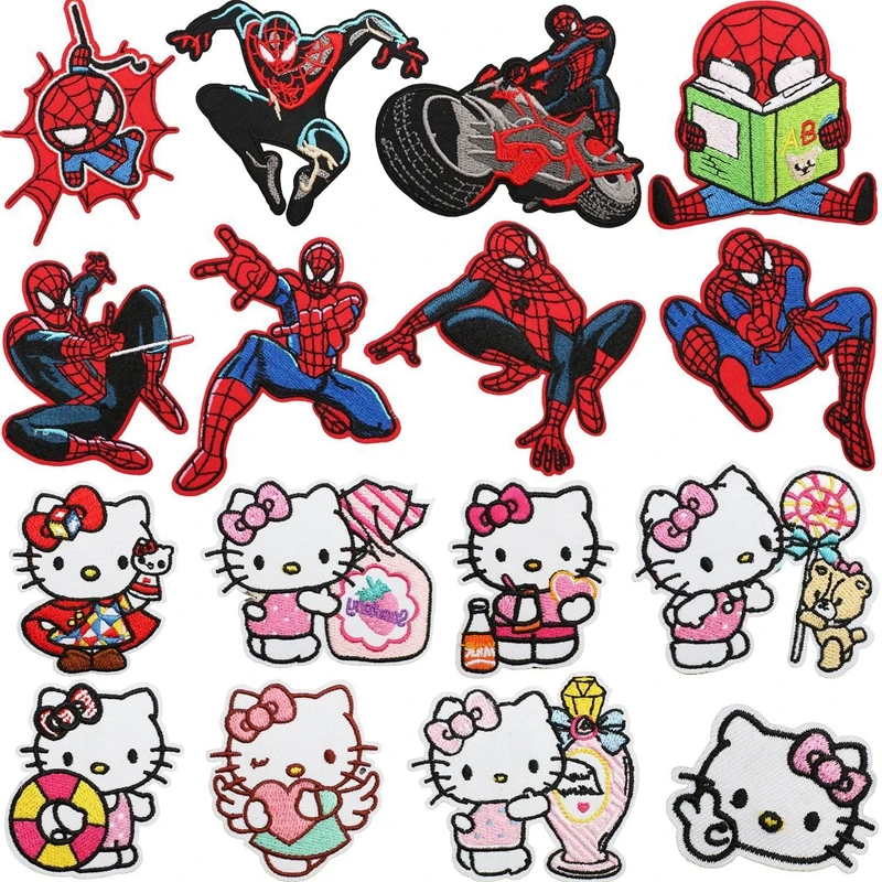 Parche bordado de Hello Kitty de dibujos animados Premium, parches de hierro, pegatinas de Spider Man, parche para ropa Diy, pegatinas para sombrero y bolso
