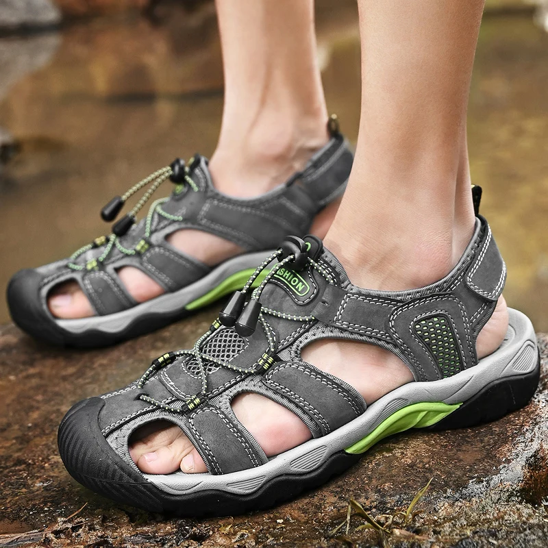 HIKEUP-zapatos de ocio al aire libre para hombre, sandalias de playa de piel de vaca de capa superior, zapatos de senderismo con suelas de goma, sandalias de verano absorbentes de sudor