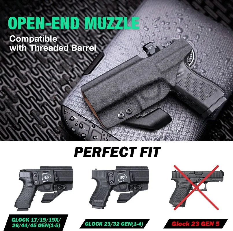 Compatible con Glock17/19/19X/26/44/45 Gen(1-5),Glock 23/32 (1-4), funda Kydex IWB, interior de cuero, corte óptico y garra, mano derecha - imagen 3