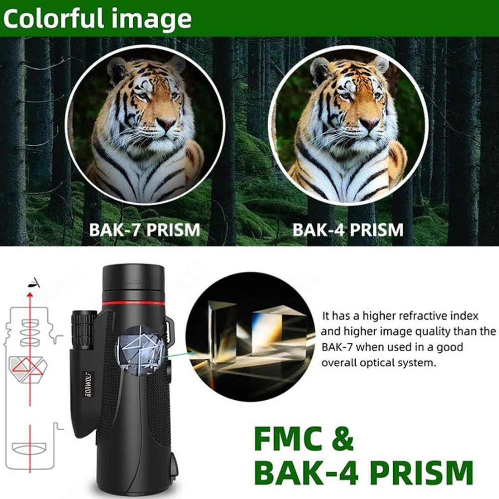 Borwolf-telescopio Monocular HD Bak4, 16x50, Prisma con Clip para teléfono, trípode para caza, avistamiento de aves - imagen 3