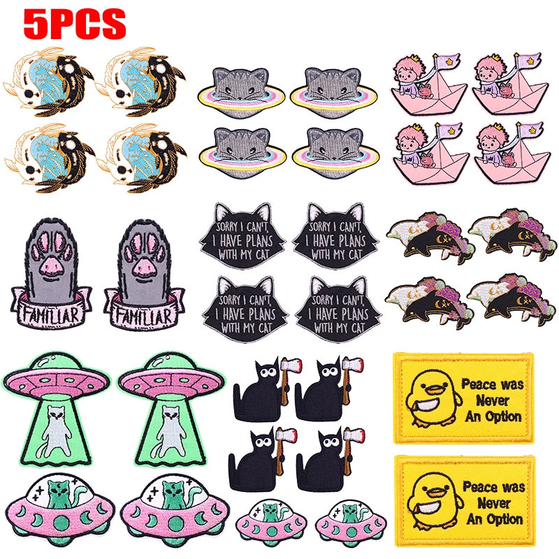 Parche bordado de gato OVNI espacial, parche de pato de gato de dibujos animados, parches termoadhesivos para planchar para ropa, coser DIY, 5 uds.