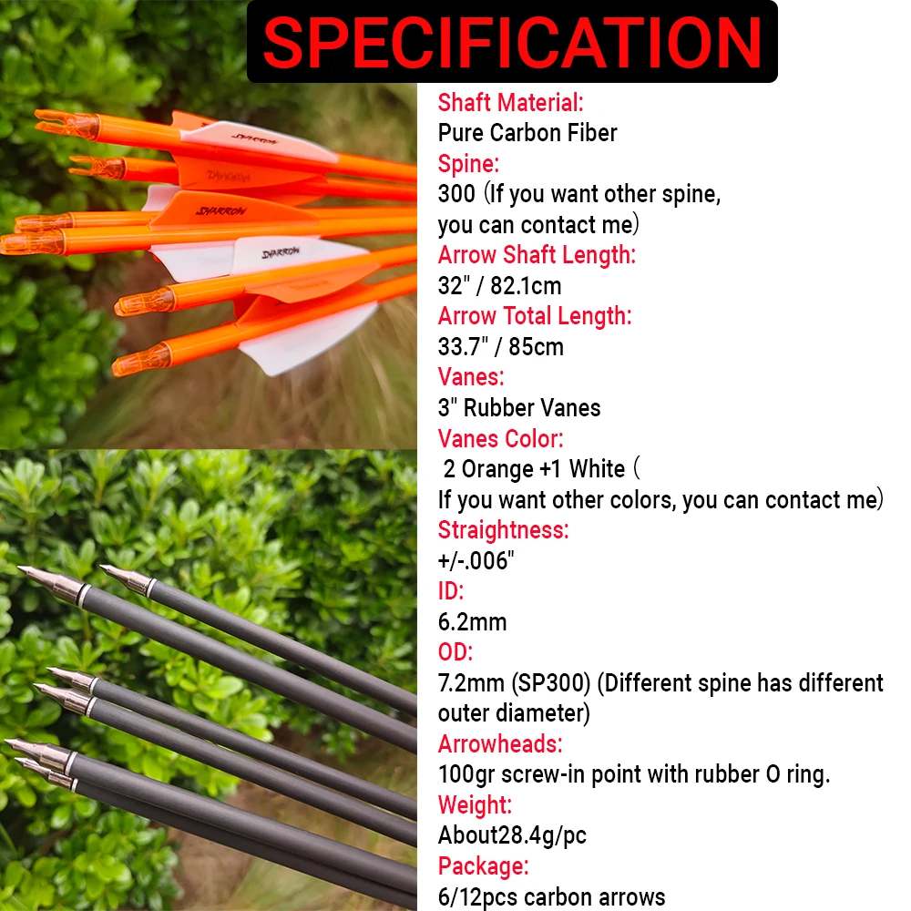 Flecha de carbono puro 24T +/-.006 Spine300 ID 6,2mm OD 7,2mm 3 pulgadas paletas de goma tiro con arco caza para accesorios de tiro con arco - imagen 2