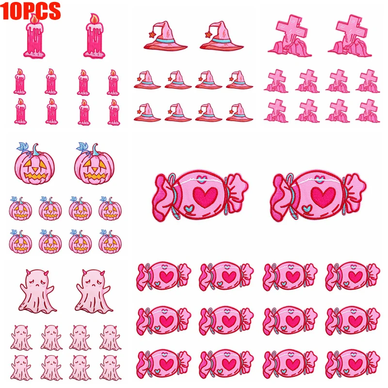 10 Uds. Parche bordado de dibujos animados de estilo rosa para Halloween, parches termoadhesivos para planchar para ropa, sombreros, coser DIY