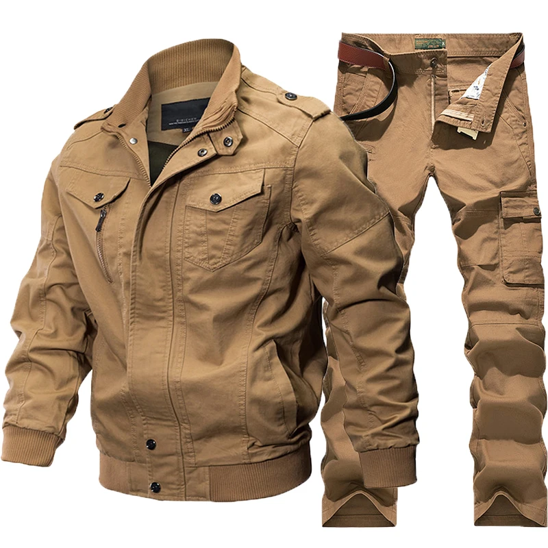 Conjunto táctico militar para hombre, traje informal de algodón de gran tamaño, chaqueta suelta resistente al desgaste, pantalones, 2 piezas, múltiples bolsillos, nuevo - imagen 2