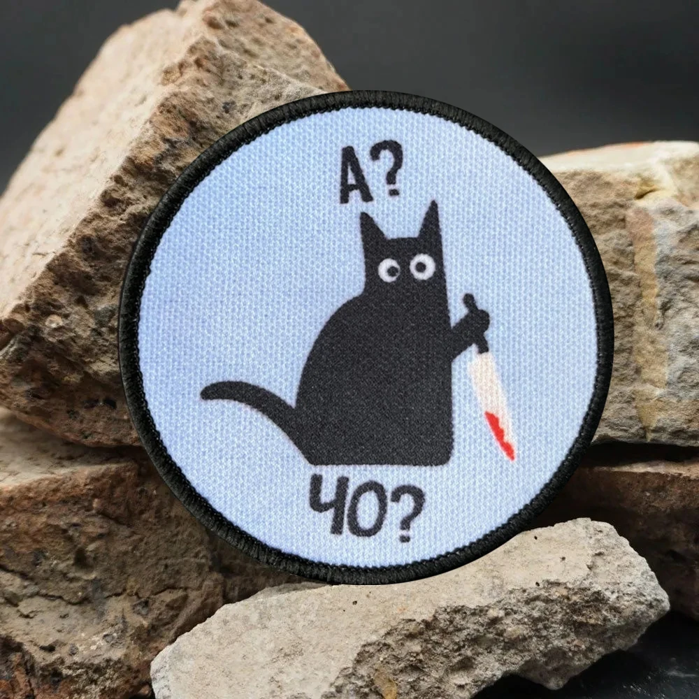 Parche táctico de gato de Robert, divertido gato con cuchillo, parches de gancho y bucle, insignia de moral, brazalete del ejército militar, pegatinas para mochila