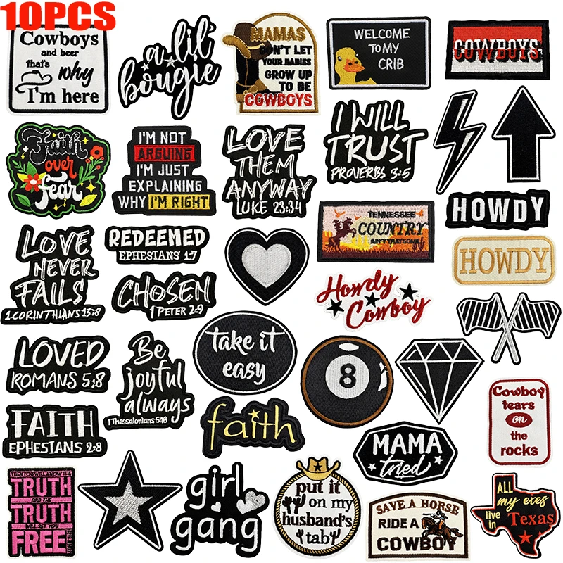 10 unids/lote, parche bordado con eslogan de letras, parches negros para planchar para ropa, parches termoadhesivos, chaquetas, sombreros, mochila DIY