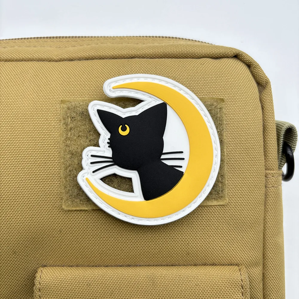 Divertida luna y gato, luz nocturna de goma suave de PVC, insignia de moral, parches tácticos de gancho y bucle, mochila para exteriores, pegatinas de apliques personalizadas - imagen 4