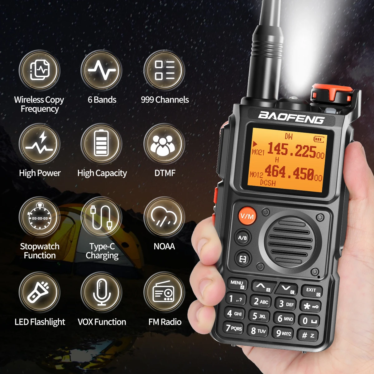 Baofeng-walkie-talkie piezas, Radio bidireccional de largo alcance, multibanda, frecuencia de copia inalámbrica, 999 canales, NOAA, DTMF, alta potencia, tipo c, 2 UV-K6 - imagen 2