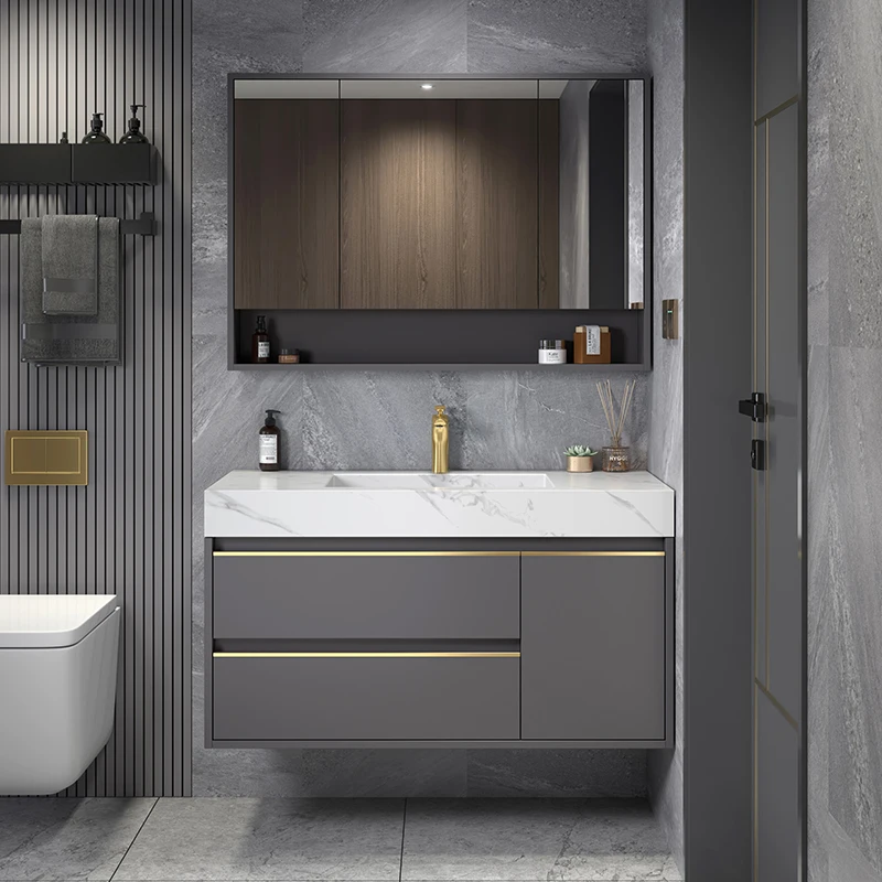 Juego de lavabo de inodoro de lavado de cara integrado, gabinete de baño de lujo ligero y simple moderno, combinación de losa de piedra - imagen 5