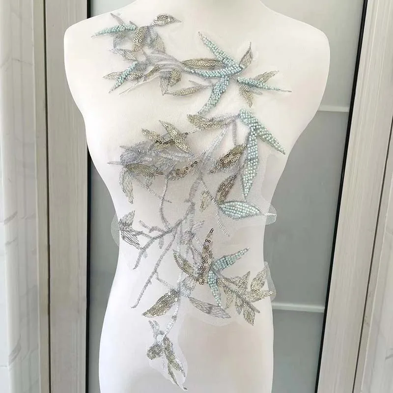 Apliques de encaje de hoja de bambú, adornos de costura, bordado Floral con cuentas de lentejuelas, parches para coser, decoración DIY para vestido de fiesta, 43x30CM - imagen 5
