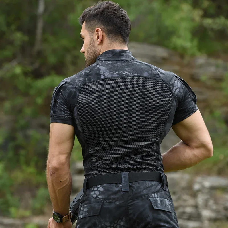 Camiseta de verano para hombre al aire libre, camisas tácticas Airsoft, Camiseta de algodón de camuflaje de manga corta de combate elástico, ropa para Paintball, senderismo y escalada - imagen 5