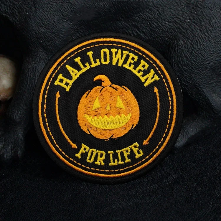 Parche de insignia de moral de calavera de calabaza de Halloween, pegatina de mochila táctica, parches bordados de gancho y bucle Victoria para ropa de otoño - imagen 3