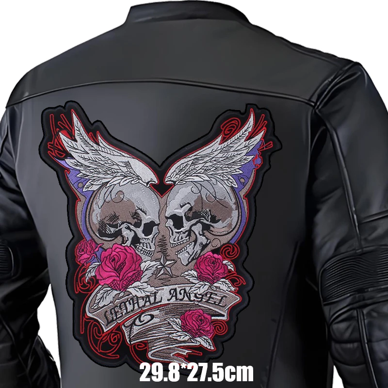 Parches termoadhesivos para planchar DIY con bordado de motociclista Punk grande para ropa, parche para costura trasera de chaqueta de cuero - imagen 3