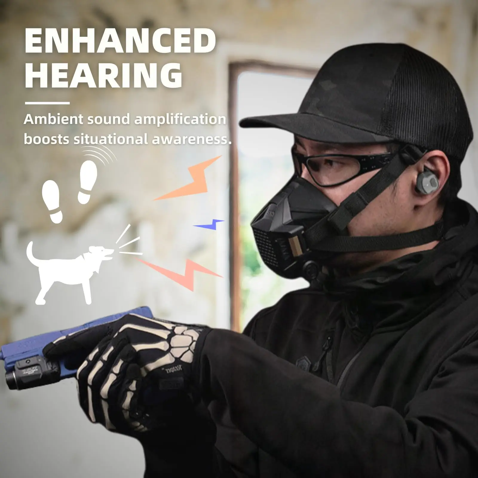 Tapón auditivo táctico de protección auditiva, NRR de 26 dB/respuesta de 0,5 ms/supresión activa de 82 dB, funcionamiento con una sola mano, construcción IP67, uso de 8 a 24 horas - imagen 3