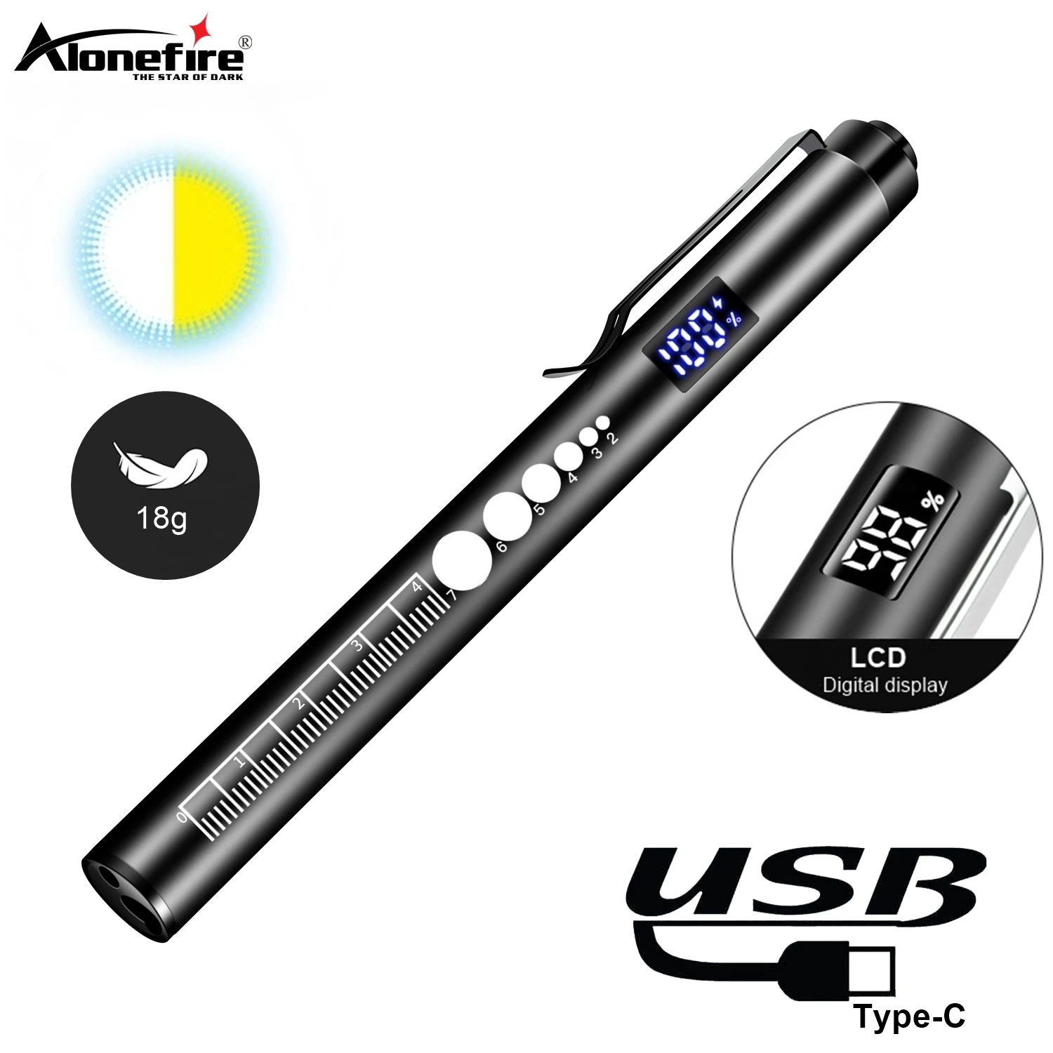 Linterna LED recargable USB con bolígrafo y luz de emergencia