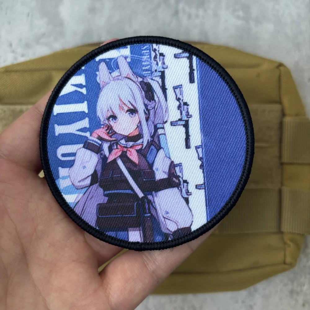 Parche de insignia de moral de Chica de Anime, brazalete estampado de primera línea de chica militar táctica, parche de gancho y bucle de archivo azul, pegatinas para mochila - imagen 3