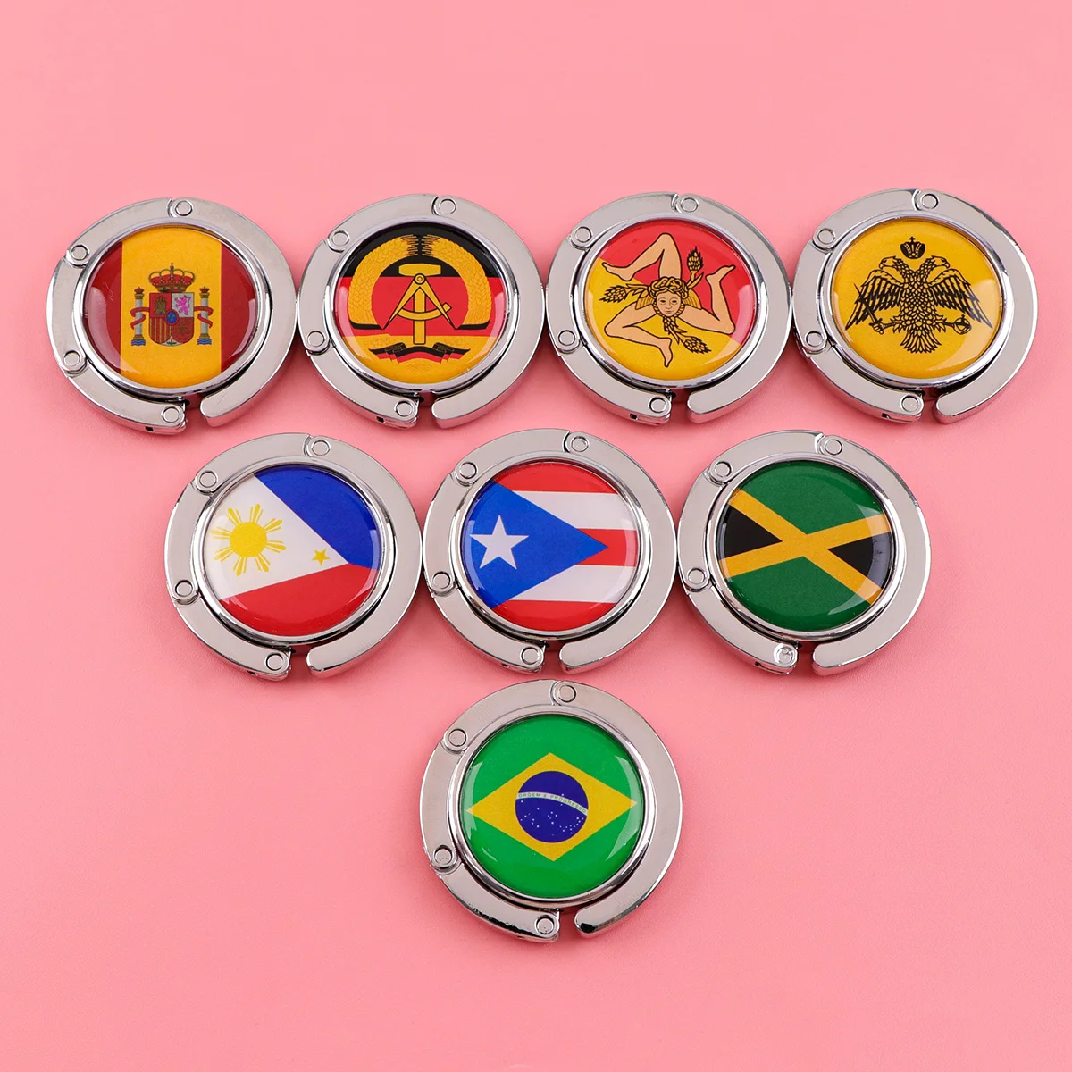 Ganchos para bolsos con bandera española, soportes plegables de Metal para bolsas de mesa, perchas portátiles para monedero, accesorios de piezas, ganchos redondos antideslizantes - imagen 5