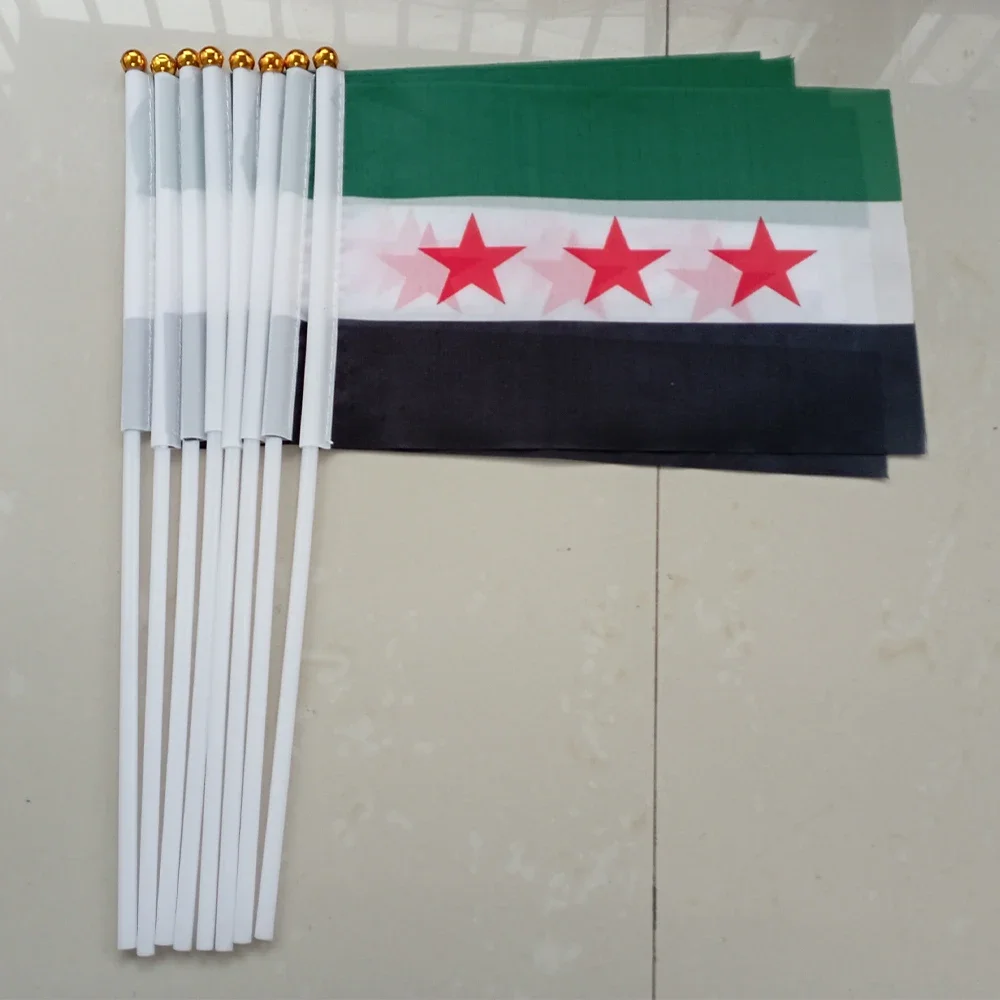 Bandera de esquí personalizada, bandera de mano de Siria, 10/20/50/100 Uds., 21x14cm, banderas ondeantes de mano de Siria con poste de plástico para actividades deportivas, decoración del hogar - imagen 3