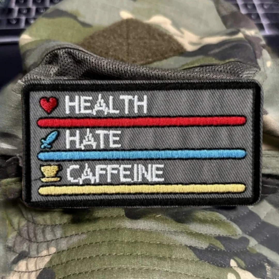 Insignia de moral táctica de salud, ódio, cafeína, brazalete del ejército militar, parches de bucle de gancho bordados, pegatina para mochila para ropa - imagen 5