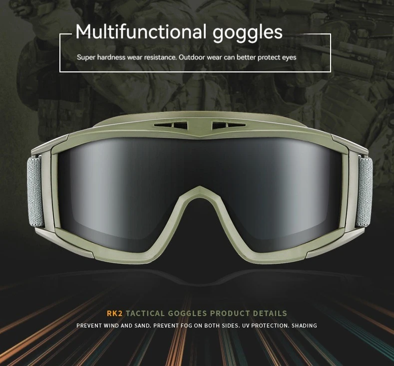 Vista frontal de las gafas tácticas mostrando el marco caqui y las lentes intercambiables