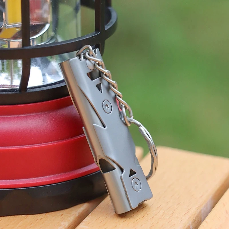 Silbato de supervivencia de alto decibelio de alta frecuencia de doble tubo de 150DB, accesorios de supervivencia de Metal de acero para rescate al aire libre, herramienta de senderismo para viajes - imagen 4