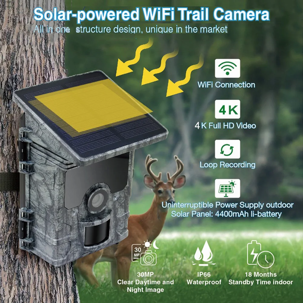 Cámara de caza con Panel Solar, 4K, 30MP, imagen HD, WiFi, Bluetooth, Control por aplicación, trampa para vida silvestre al aire libre, cámara de visión nocturna infrarroja - imagen 2