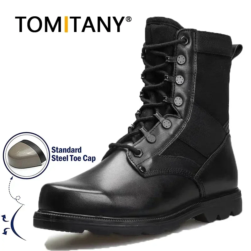 Botas de combate tácticas para hombre, botas de seguridad para el trabajo con punta de acero ultraligeras, botas altas transpirables, zapatos negros lisos para hombre - imagen 3