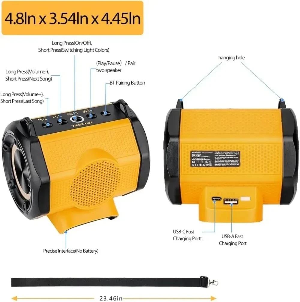 Altavoz portátil con puerto USB tipo C, amplificador de altavoz compatible con Bluetooth para batería de iones de litio Dewalt de 18V y 20V - imagen 3