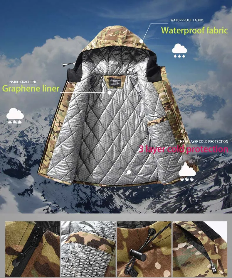 Parkas de invierno para hombre, chaquetas tácticas, chaqueta militar calefactora, abrigos con capucha que mantienen el calor, cortavientos, ropa de camuflaje térmico Multicam - imagen 2