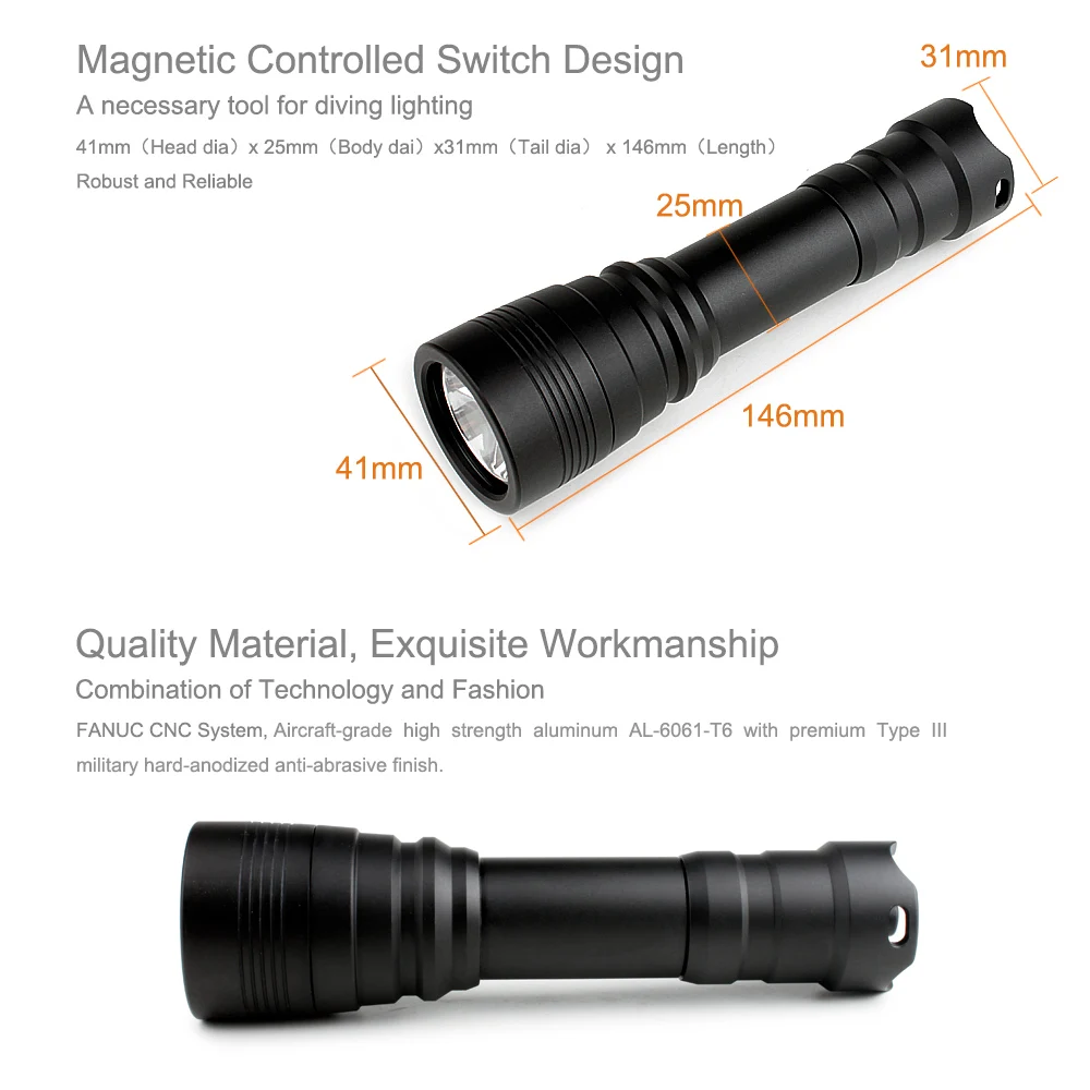 Linterna de buceo profesional con interruptor magnético, luz subacuática IP68 de 150M, lámpara de relleno fotográfico - imagen 3