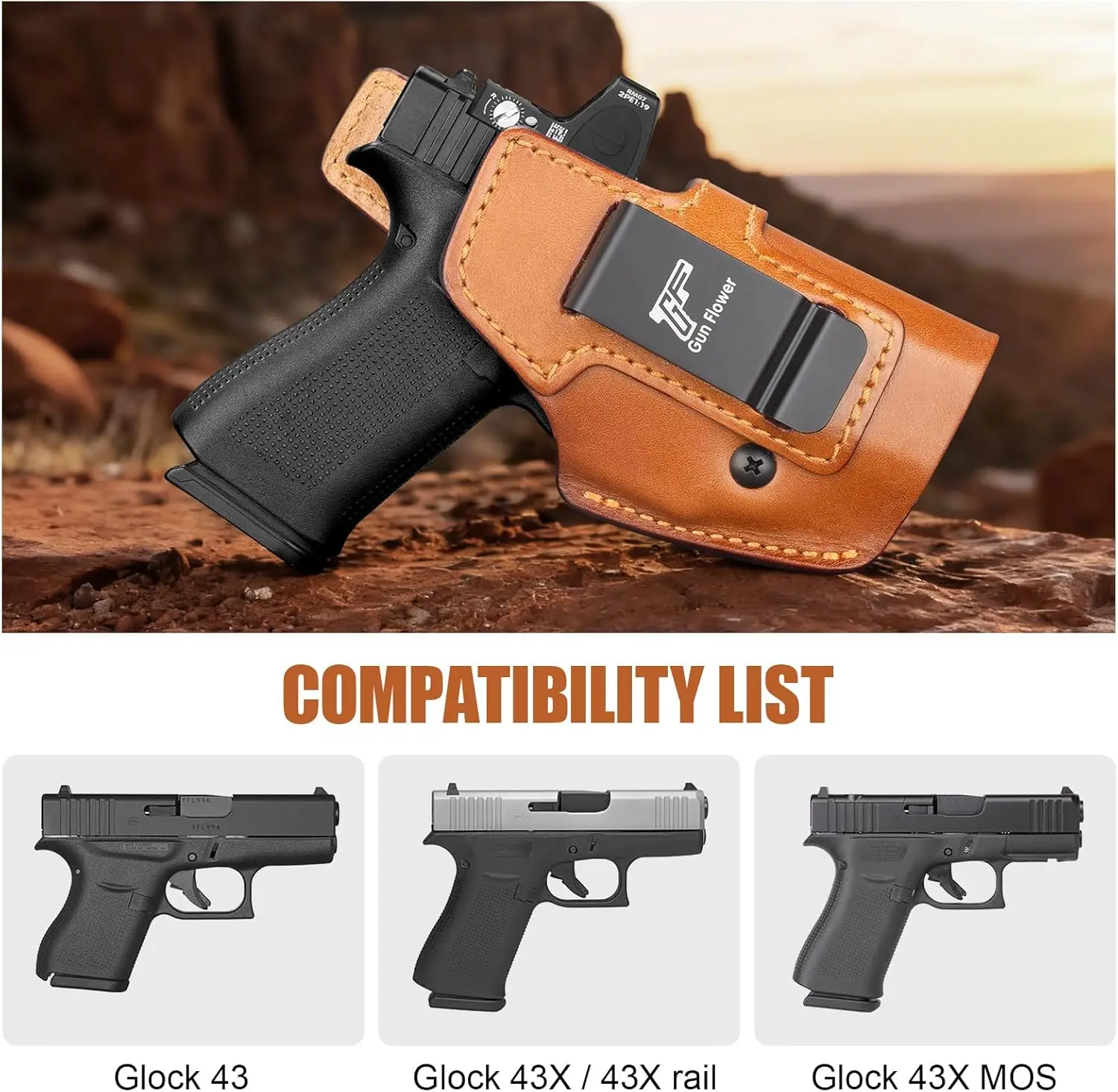Para Glock 43,43X,43X MOS, funda de cuero IWB, funda de transporte oculta, cinturilla interior de apéndice, cinturones de 1,5 "-1,75", mano derecha