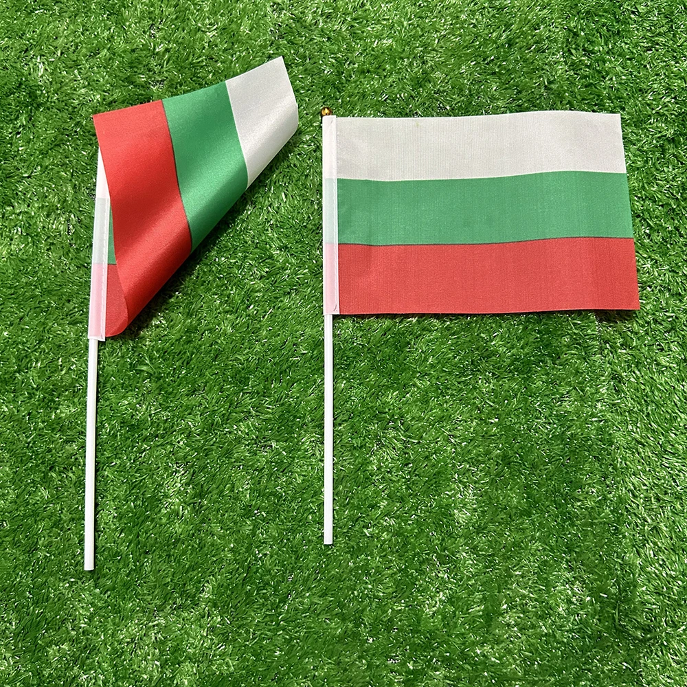 Bandera del cielo bandera de mano de Bulgaria 10/20/50/100 Uds 21*14cm banderas onduladas de mano de Bulgaria con poste de plástico para actividades deportivas decoración del hogar - imagen 5