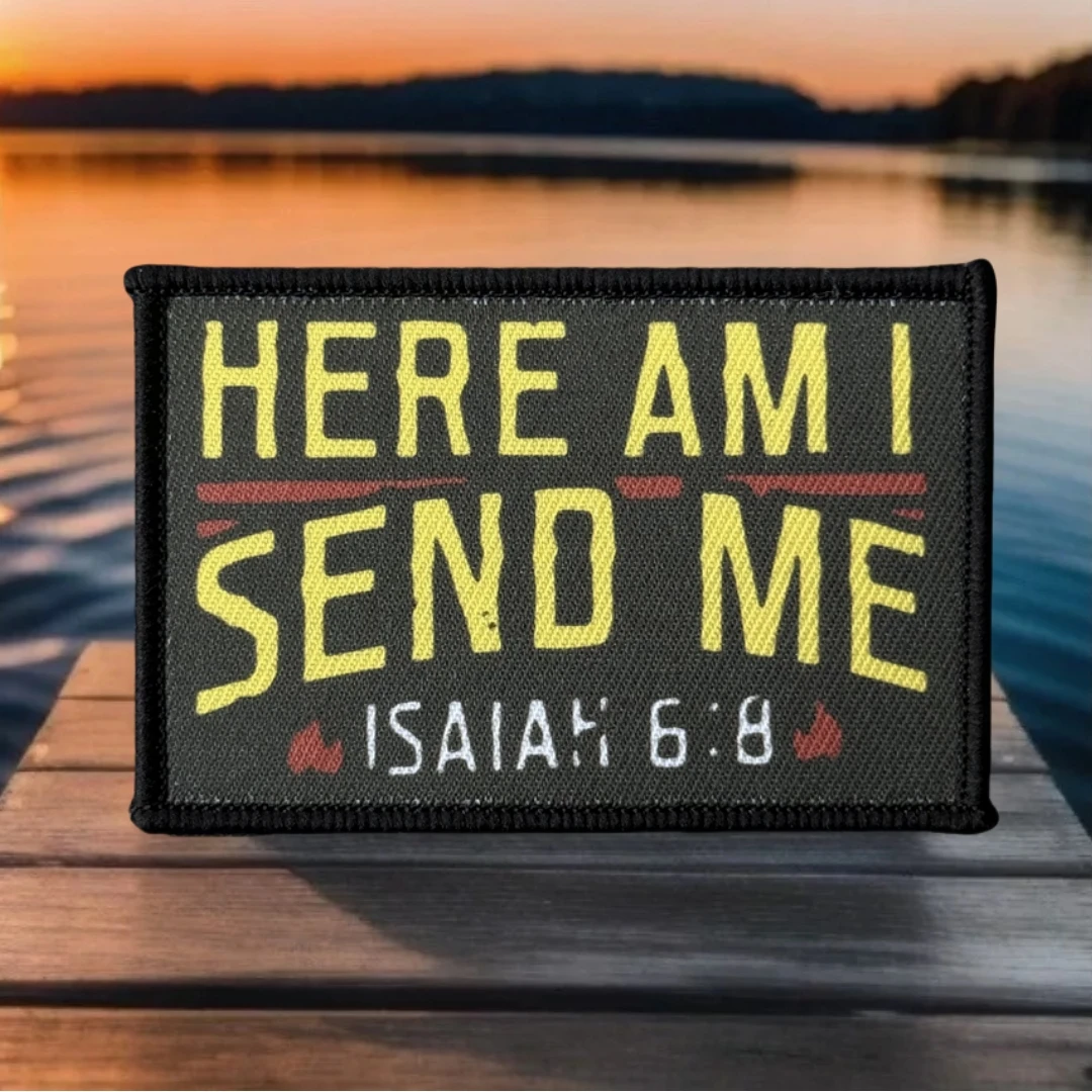 Parche "Here I Send Me", insignia de moral táctica, Isaiah 6:8, versículo de la Biblia, gancho y bucle impreso, mochila, ropa, pegatina, brazalete
