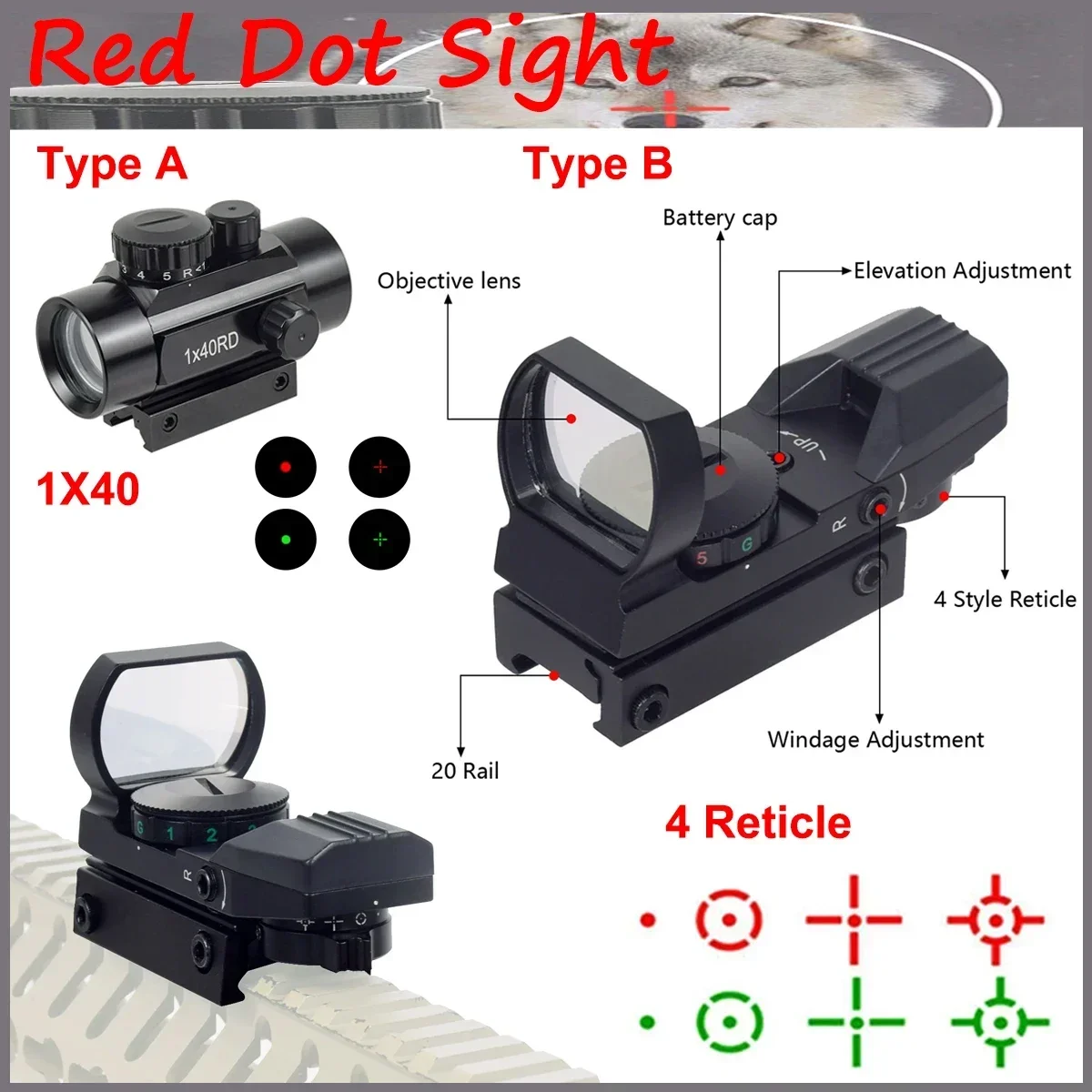 Mira de punto rojo 1X40, colección de caza, óptica, alcance holográfico reflejo, 4 retículas, colimador rojo/verde, accesorios Airsoft - imagen 3