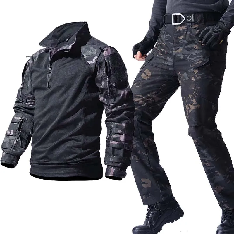 Conjuntos tácticos al aire libre, camisas de combate multibolsillos + pantalones de chándal de carga, ropa de trabajo resistente al viento de camuflaje, pantalones, ropa para hombre - imagen 2