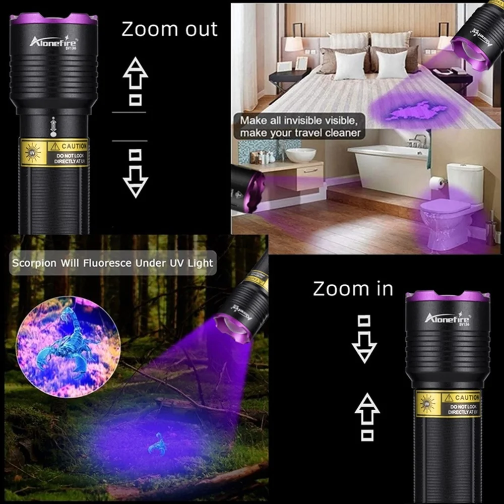 Linterna UV con Zoom de 395/365nm, recargable por USB, luz ultravioleta, curado, mineral, dinero, orina de mascota, tiña, marcador de escorpión, lámpara fluorescente - imagen 3