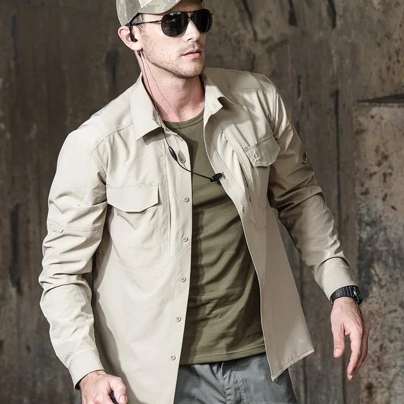 Camisa táctica de secado rápido para hombre, camisa elástica de manga larga con múltiples bolsillos, suelta, de alta calidad, para deportes al aire libre, combate y Camping - imagen 4